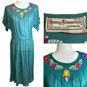 VTG. 70’s Young Edwardian‎ by Arpeja Midi Dress Women’s sz. M Green Boho Prairie